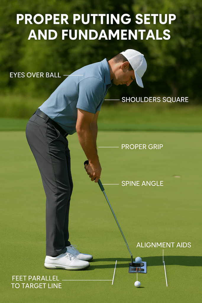 Golfer demonstrating proper putting setup with correct eye position over ball, parallel feet alignment, and professional putting posture on practice green