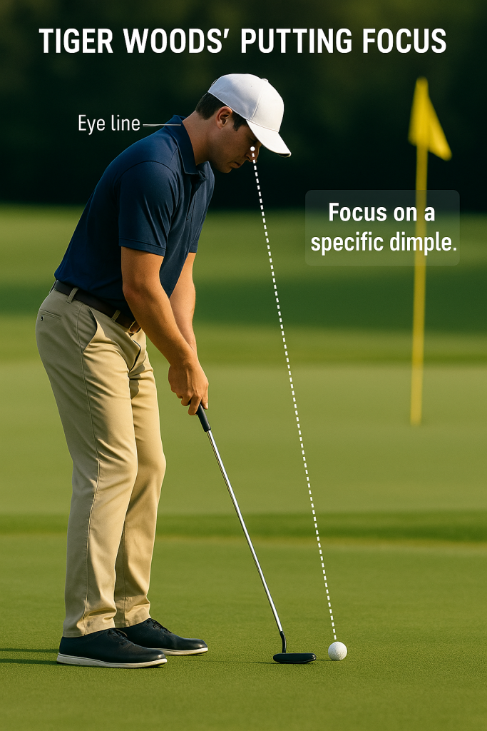 Close-up view of proper putting eye position showing golfer's focused gaze on specific ball dimple with putter positioned for Tiger Woods putting technique