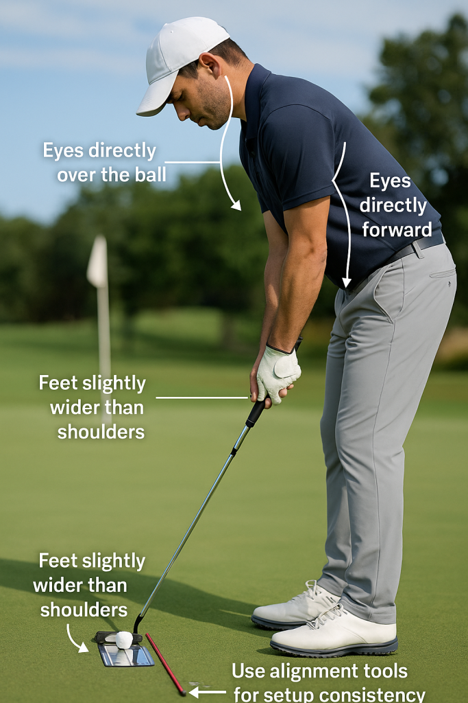 Golfer demonstrating Tiger Woods putting stance with proper eye position over ball, shoulder-width feet spacing, and correct spine angle on practice putting green