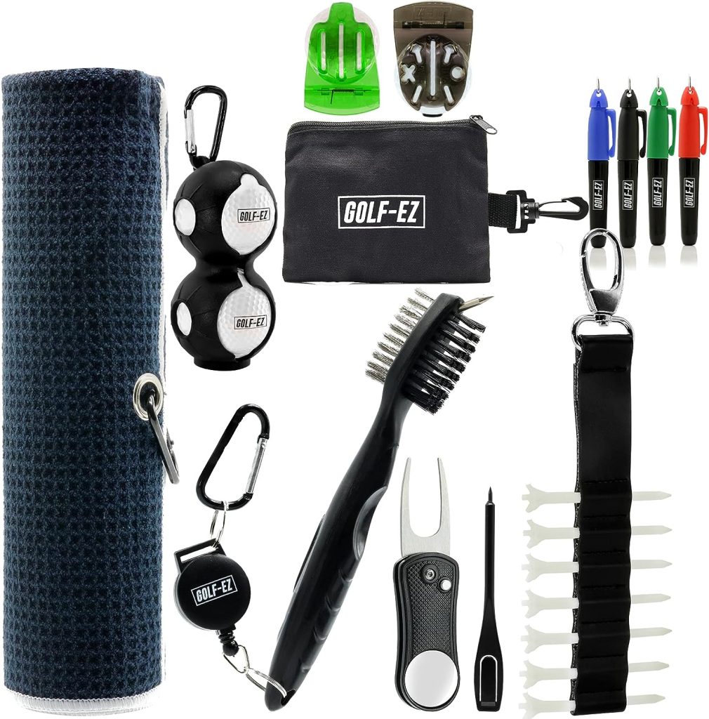 Golf-EZ Golf Essentials Kit | Golf Towel | Cleaning Brush | TRI-LINE Golf Ball Alignment Kit | Divot Repair Tool | Golf Ball  Tee Holder