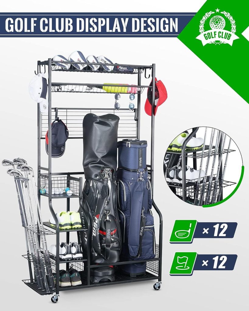 Mythinglogic Golf Bag Storage Garage Organizer,2 Golf Bags Storage Stand and Golfing Equipment Accessories Storage Rack with 4 Removable Hooks, Extra Golf Clubs Display Rack