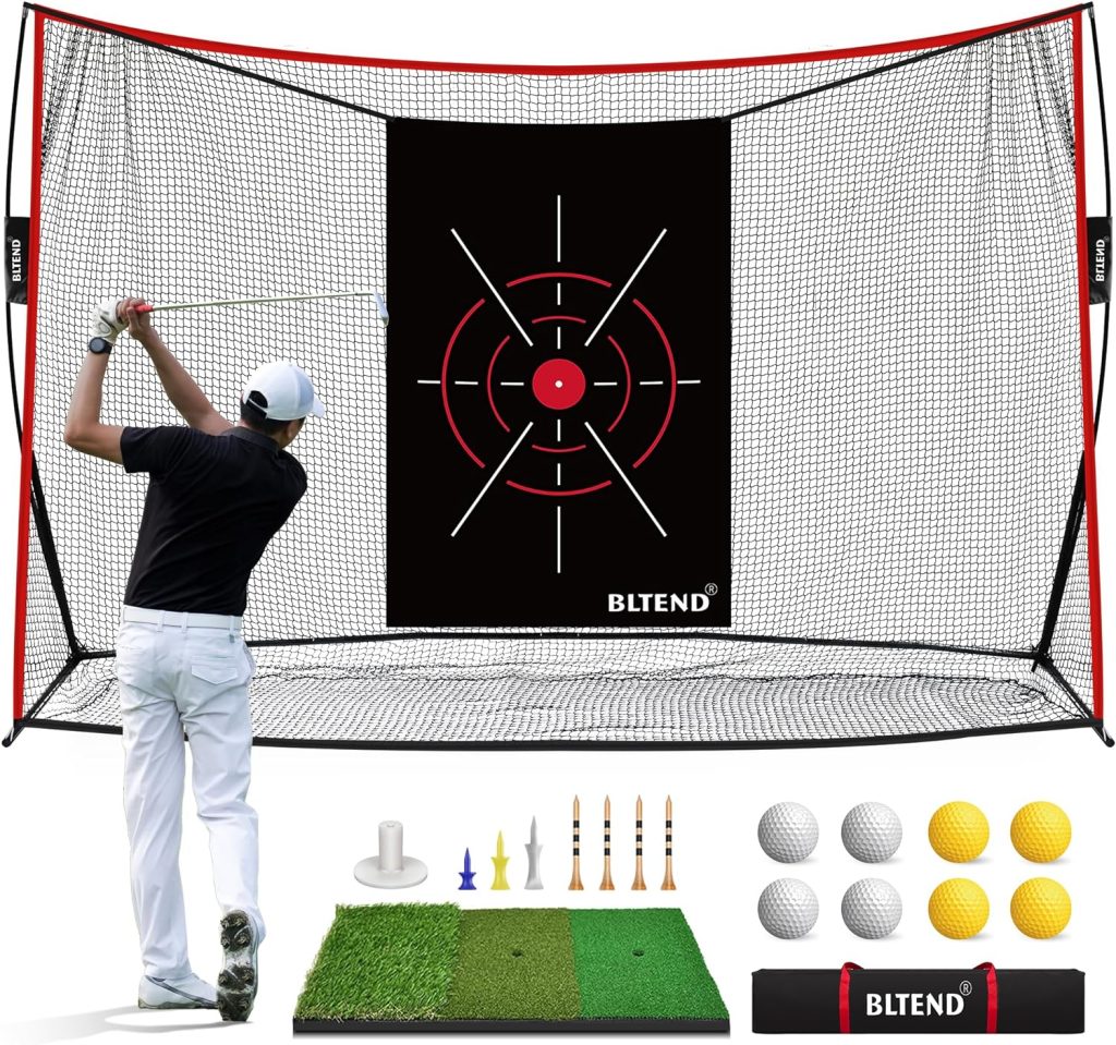Bltend Golf Net - 10x7ft Heavy Duty Golf Practice Nets for Backyard Driving with Golf Mat, 7 Golf Tees, 8 Golf Balls, Golf Hitting Driving Net for Indoor Outdoor Use - Perfect Golf Training Equipment