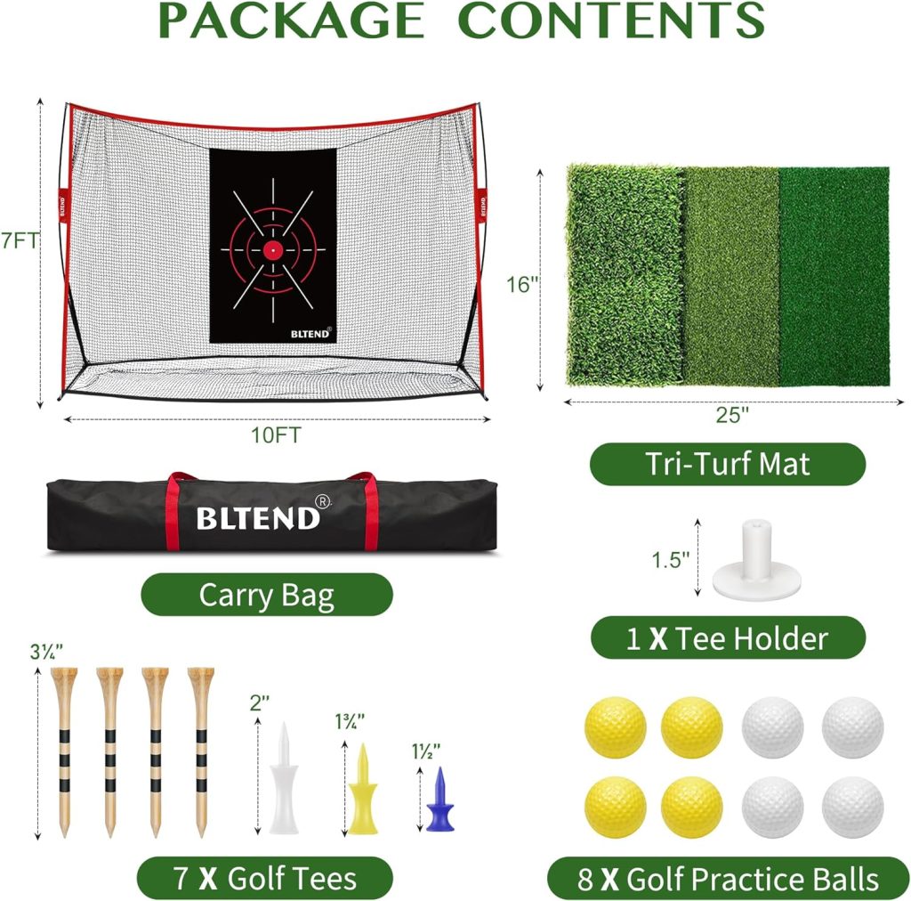 Bltend Golf Net - 10x7ft Heavy Duty Golf Practice Nets for Backyard Driving with Golf Mat, 7 Golf Tees, 8 Golf Balls, Golf Hitting Driving Net for Indoor Outdoor Use - Perfect Golf Training Equipment
