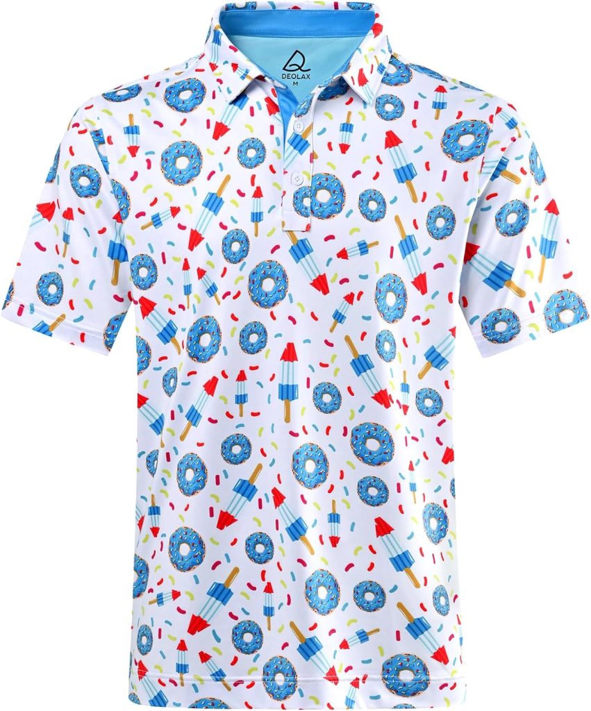 DEOLAX Mens Polo Shirts Performance Moisture Wicking Mens Golf Shirt Fashion Print Dry Fit Golf Shirts Short Sleeve