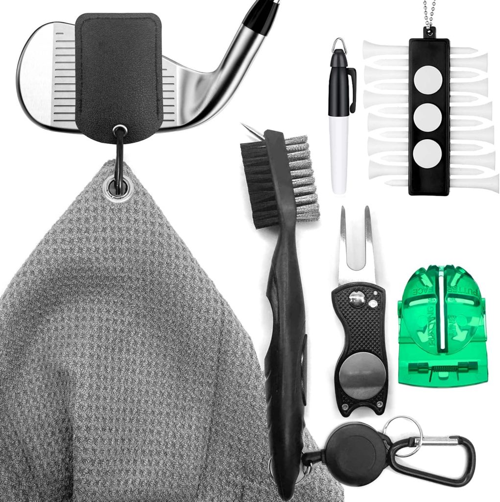 WHAMZ33 W Complete Golf Accessories Set for Men - Towel, Brush, Ball Marker, Divot Tool, Tees Holder