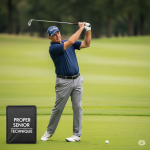 Before and after comparison showing proper golf swing technique for senior golfers versus common mistakes