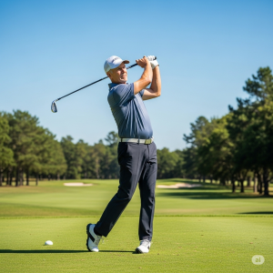 Senior golfer demonstrating proper golf swing technique with balanced form and full shoulder turn