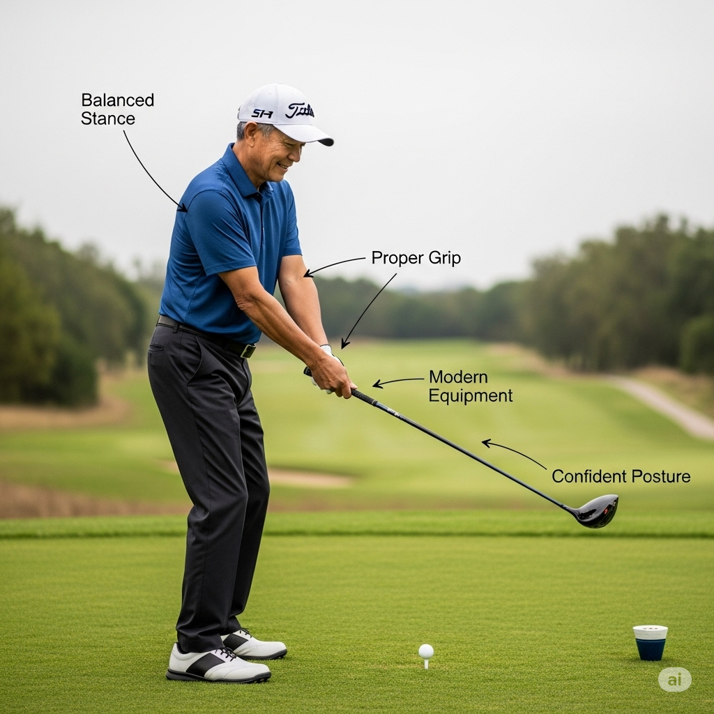 enior golfer proper setup position with modern golf equipment demonstrating correct stance and alignment