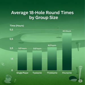 Chart showing average round times: Single (3.0h), Twosome (3.5h), Threesome (4.0h), Foursome (4.5h)