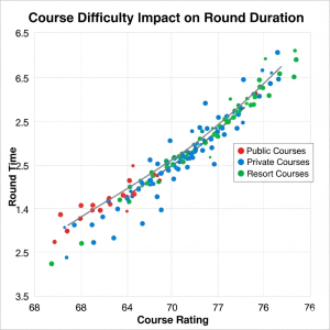 Scatter plot showing correlation between course rating and round duration