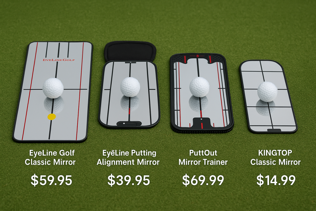 Best putting mirror training aids comparison featuring EyeLine Classic, EyeLine Alignment, PuttOut Mirror Trainer, and KINGTOP mirrors with pricing