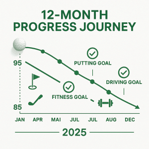 Golf goal progress timeline showing 12-month improvement journey from January to December 2025 with quarterly milestones and score improvements