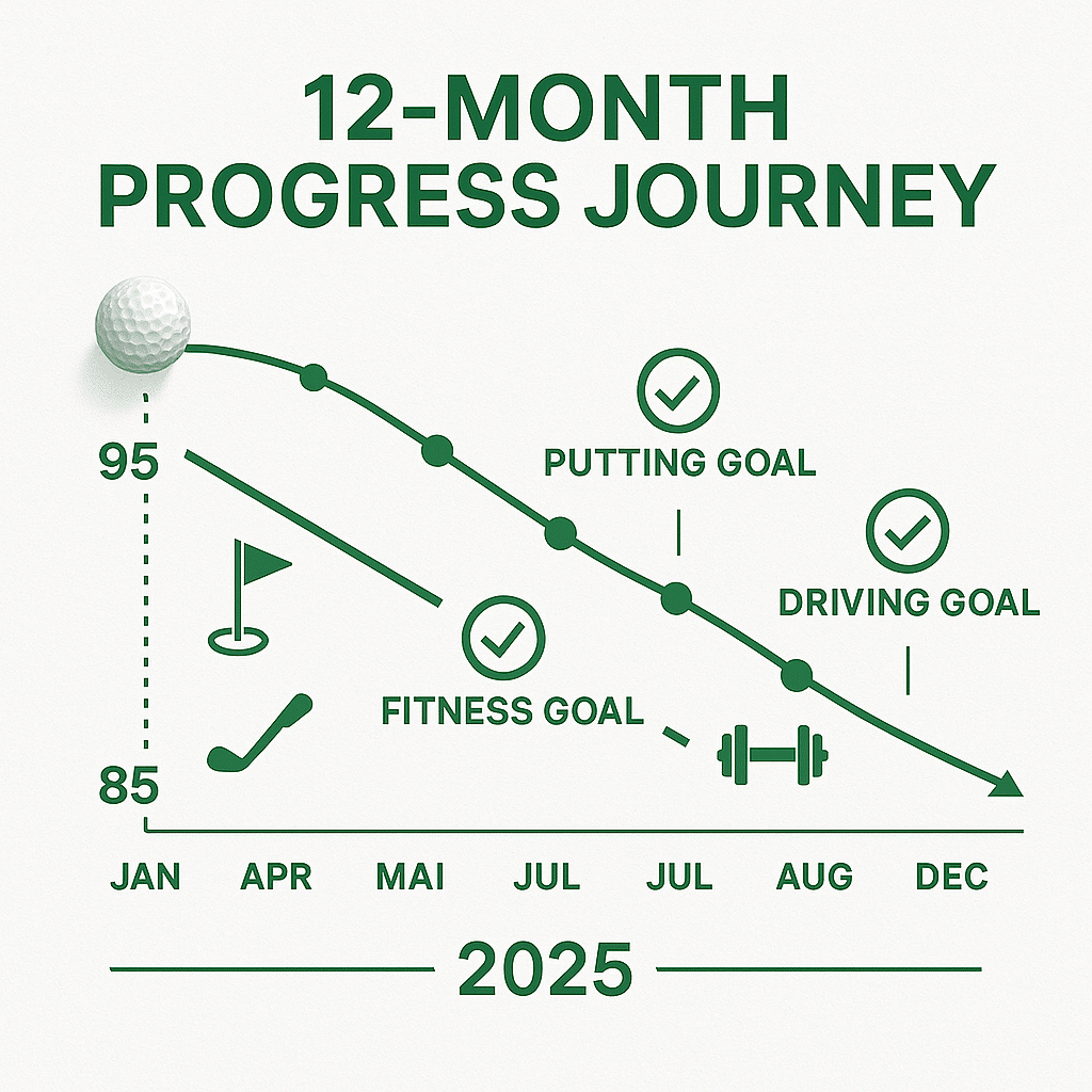 Golf goal progress timeline showing 12-month improvement journey from January to December 2025 with quarterly milestones and score improvements