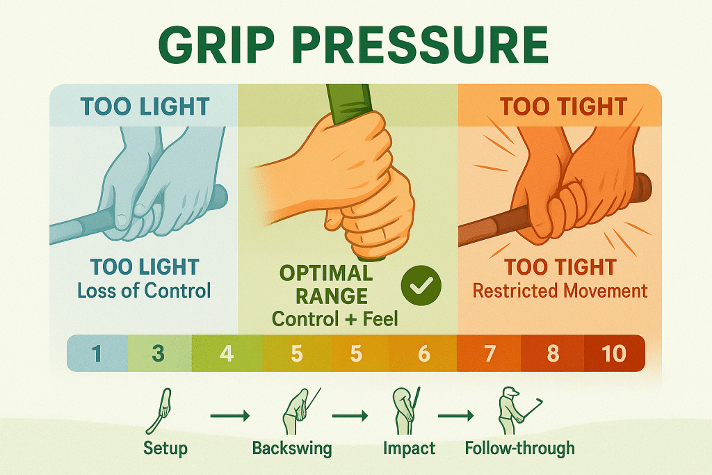 Golf grip pressure scale infographic showing optimal pressure levels from 1-10, with visual representations of too light, optimal, and too tight grip positions, including pressure changes throughout the golf swing phases