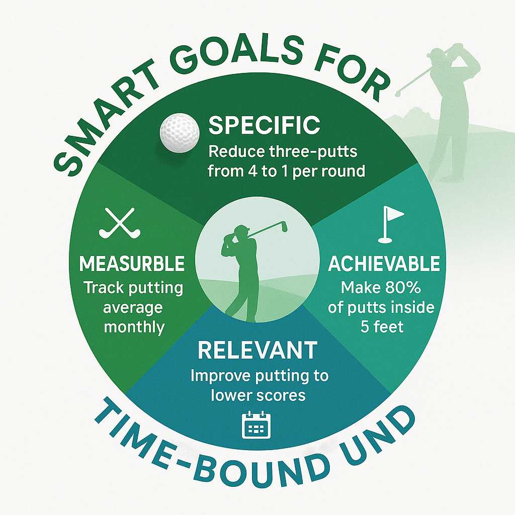 SMART goals framework for golf showing specific measurable achievable relevant time-bound goal setting examples for golfers