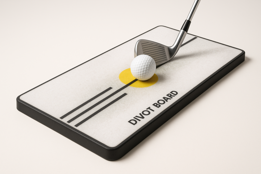 Divot Board golf training aid showing yellow ball position circle and alignment tracks with golf ball and iron club setup
