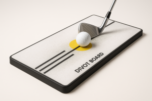 Divot Board golf training aid showing yellow ball position circle and alignment tracks with golf ball and iron club setup