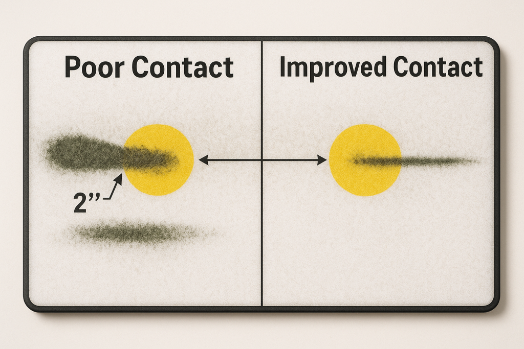 Before and after Divot Board training comparison showing improved golf swing impact patterns and ball striking consistency