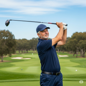 Senior golfer confidently using fairway wood on golf course demonstrating proper technique and club performance