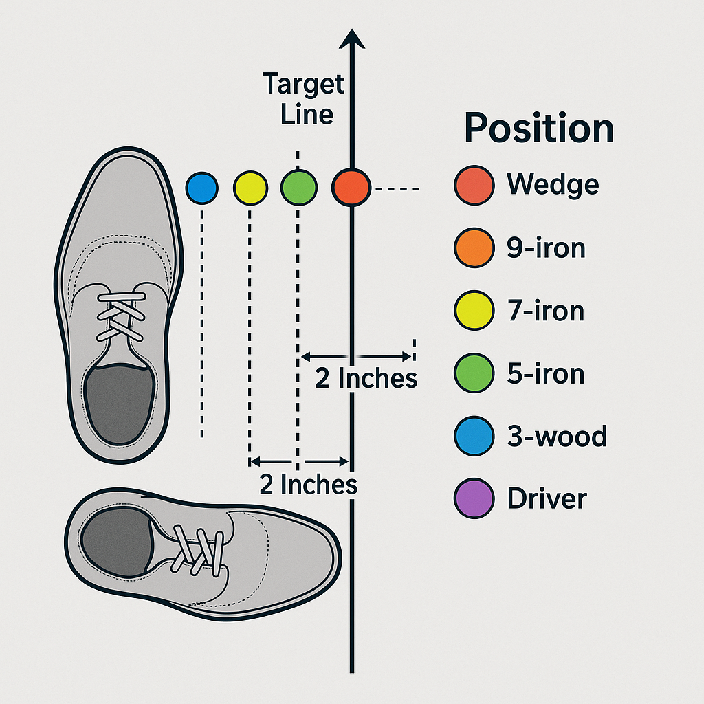 Overhead view golf ball position guide showing correct placement for wedge, mid-irons, long irons, fairway woods, and driver in golf stance