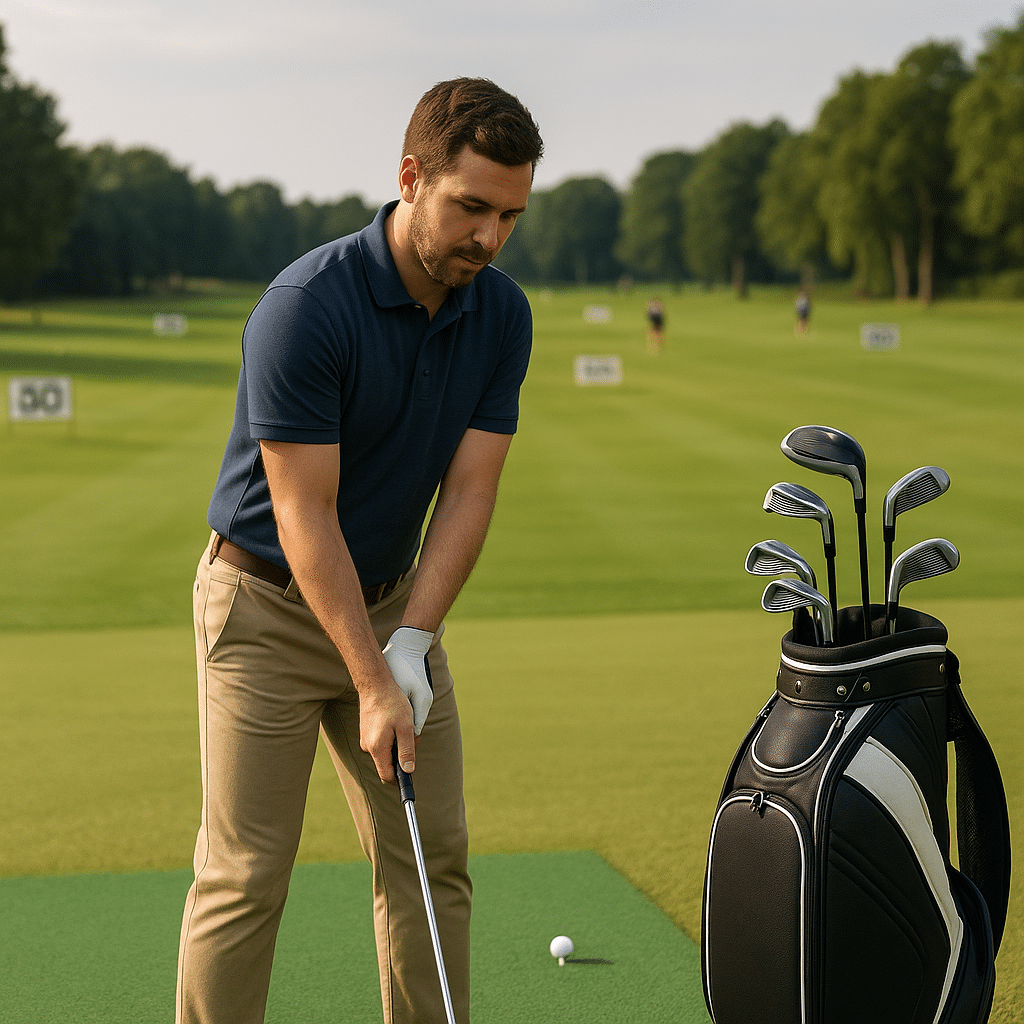 Beginner golfer practicing with complete club set at driving range, demonstrating proper stance with 7-iron