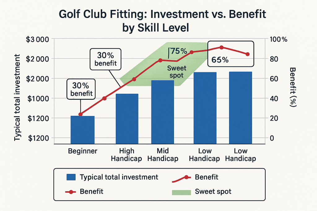 Chart comparing golf club fitting costs and benefits across different skill levels showing optimal investment points for each handicap range