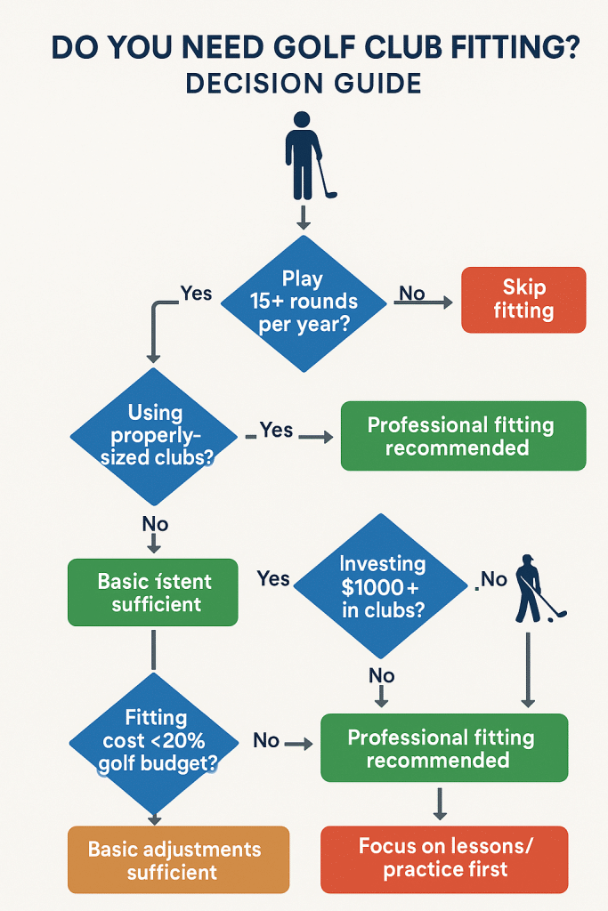 Golf club fitting decision tree flowchart showing when golfers need professional fitting versus basic adjustments or continued practice