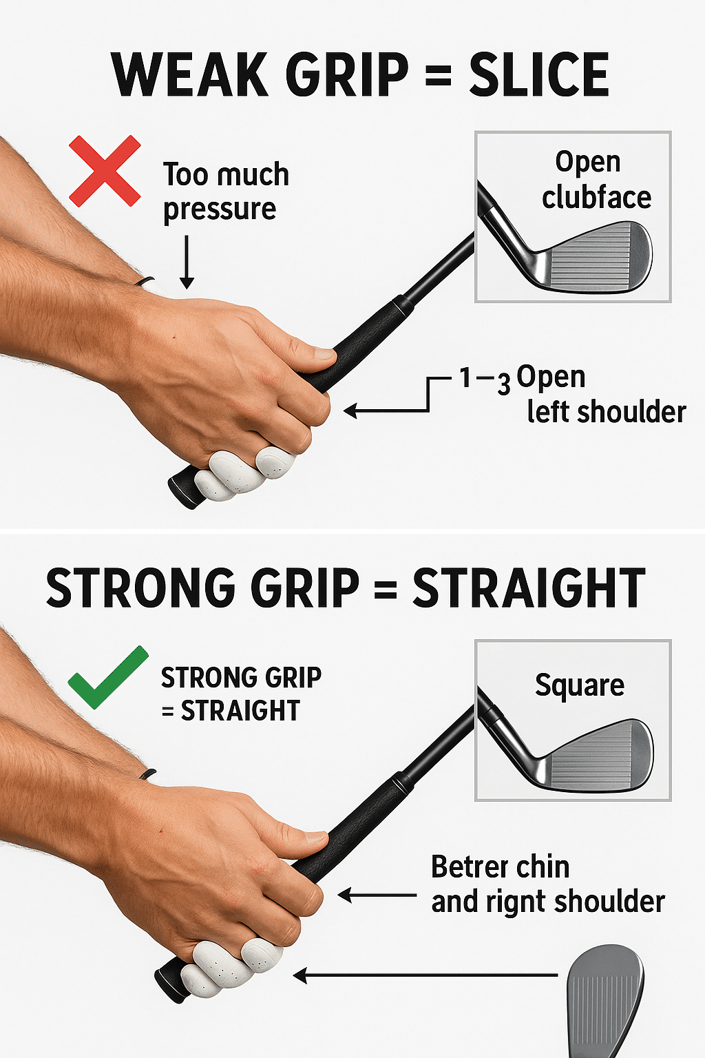 Golf grip comparison demonstrating strong vs weak grip positions, showing proper hand placement on golf club with multiple knuckles visible in strong grip versus minimal knuckles in weak grip to prevent slicing