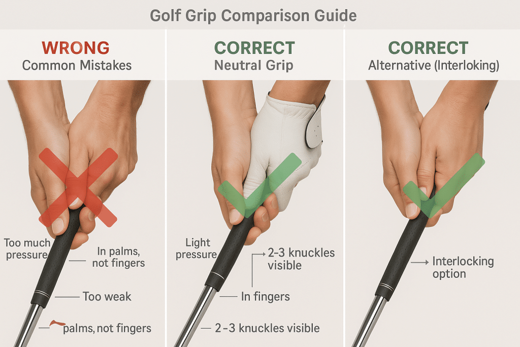 Golf grip comparison showing common grip mistakes versus correct overlapping and interlocking grip techniques side by side