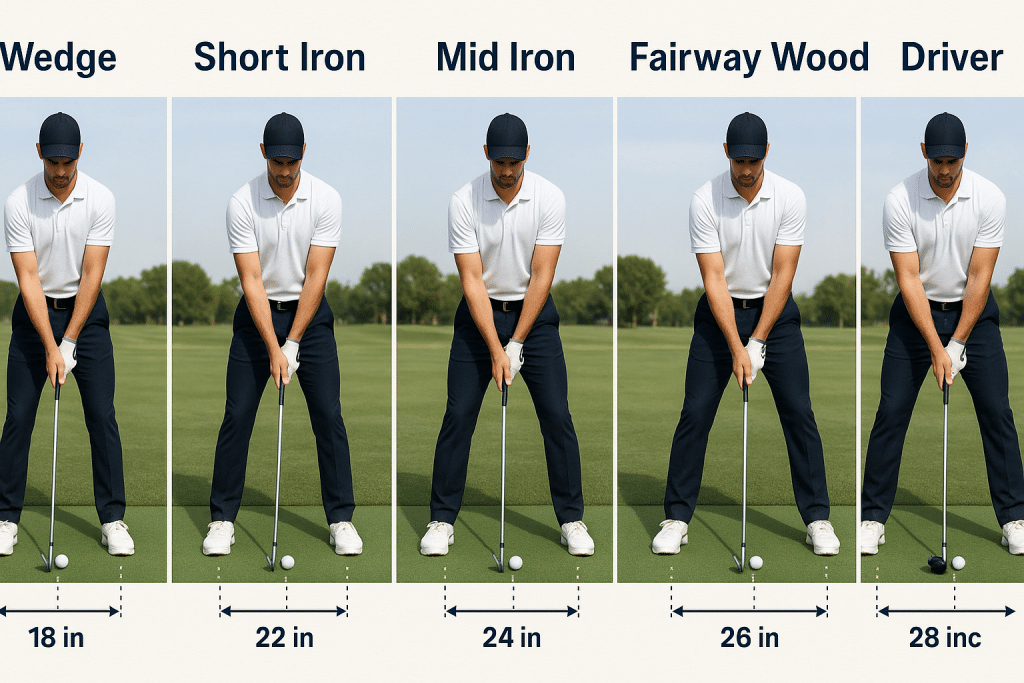 Golf stance width comparison showing proper foot positioning for wedge, short iron, mid iron, fairway wood, and driver from narrow to wide stance