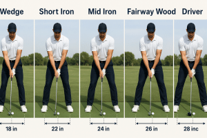 Golf stance width comparison showing proper foot positioning for wedge, short iron, mid iron, fairway wood, and driver from narrow to wide stance