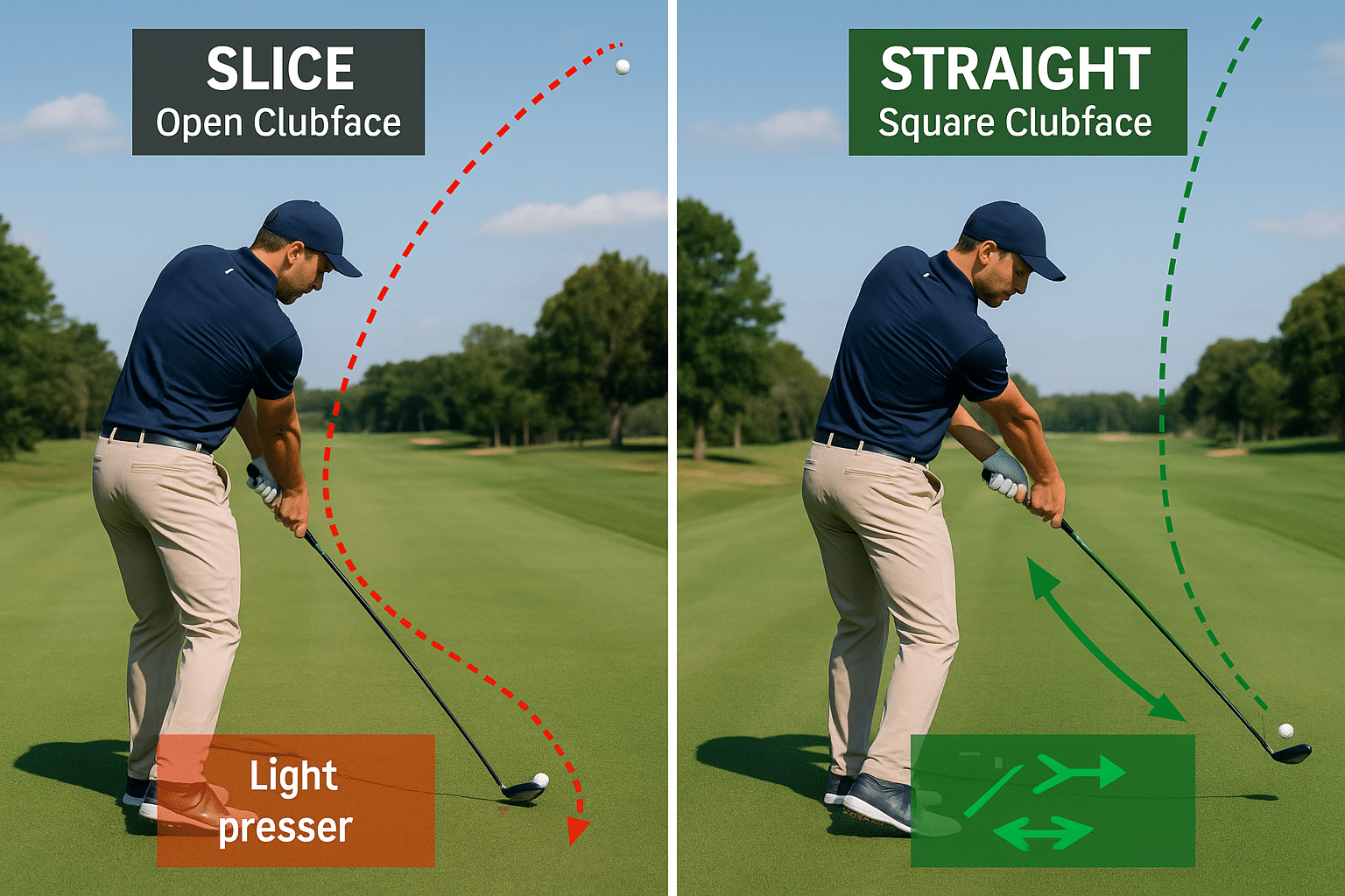 Golf swing sequence comparison showing proper vs slice-causing swing mechanics, with multiple golfer silhouettes demonstrating the differences in backswing, downswing, and follow-through positions that lead to straight drives versus sliced shots