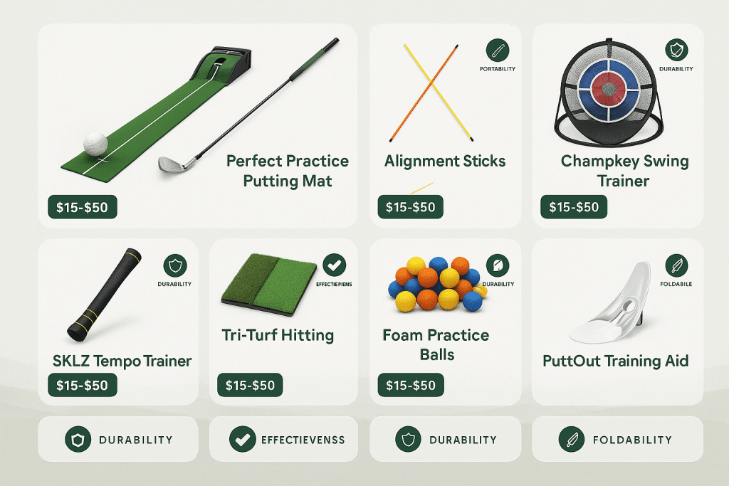 Indoor golf practice tools under $50 including putting mats, alignment sticks, swing trainers, chipping nets, and training accessories arranged in professional product showcase with pricing and quality indicators.