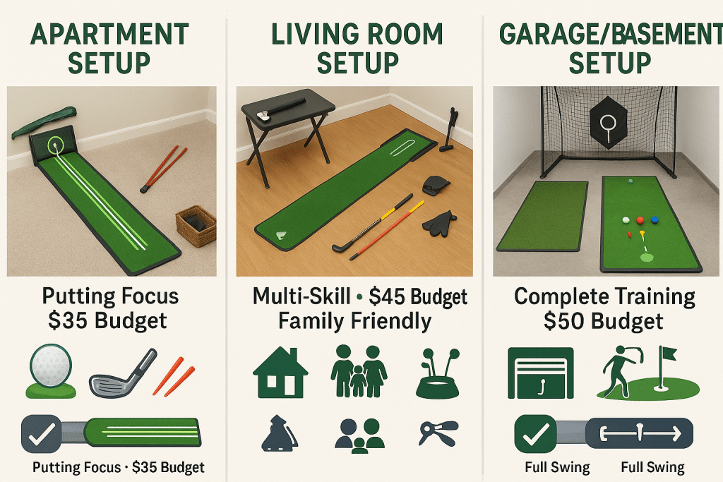 Indoor golf practice space layout comparison showing apartment, living room, and garage setups with optimal tool placement, budget requirements, and space utilization for different home environments under $50.