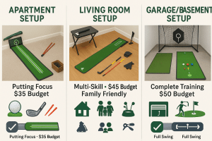 Indoor golf practice space layout comparison showing apartment, living room, and garage setups with optimal tool placement, budget requirements, and space utilization for different home environments under $50.