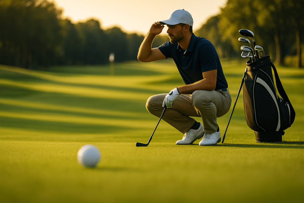 Professional golfer demonstrating proper pre-shot routine assessment phase, standing behind ball analyzing target and course conditions