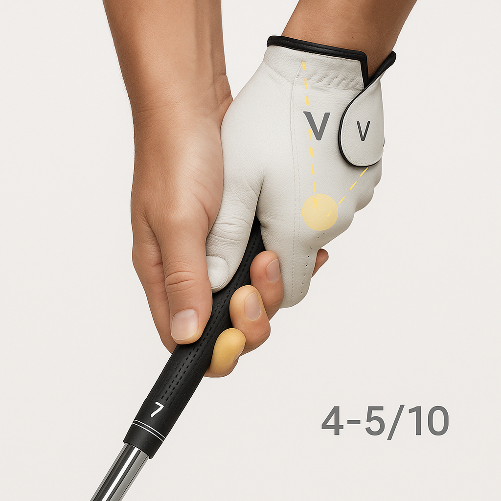 Proper golf grip technique demonstration showing correct hand positioning with 2-3 knuckles visible and overlapping grip style