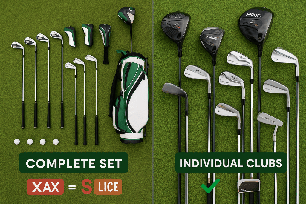 Side-by-side comparison of complete golf set versus individual premium clubs showing design consistency versus customization options