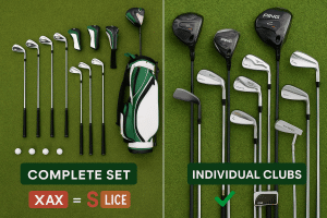 Side-by-side comparison of complete golf set versus individual premium clubs showing design consistency versus customization options