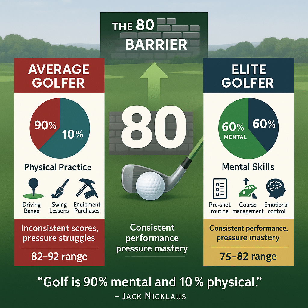 Mental vs physical golf performance comparison showing average golfers focus 90% on physical practice while consistently shooting over 80, versus elite golfers who balance mental and physical training to break 80 consistently.