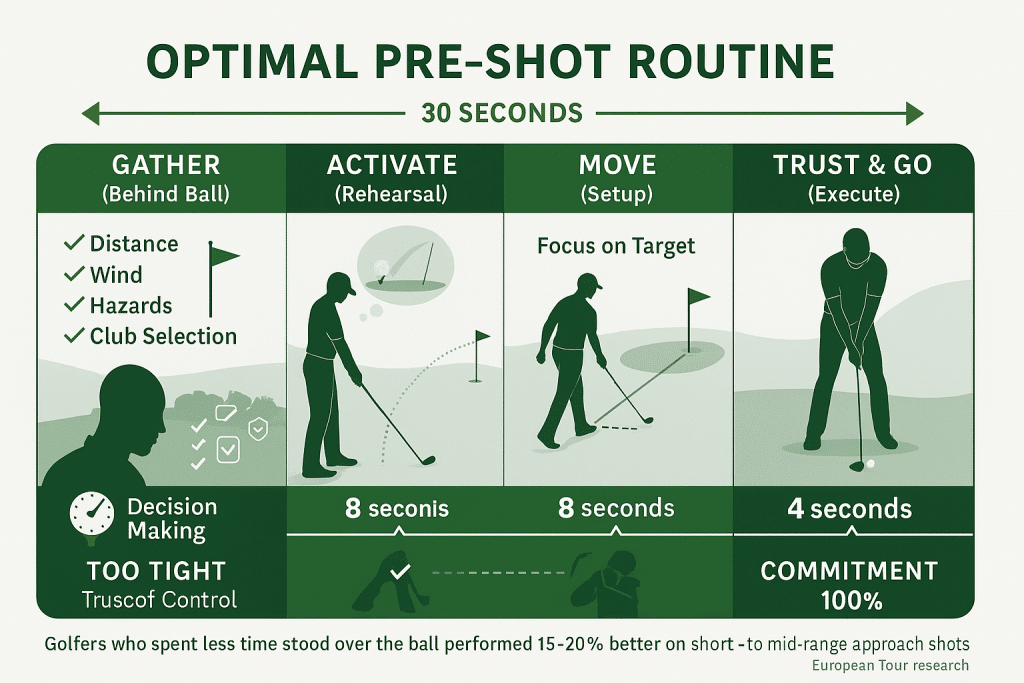 Step-by-step pre-shot routine breakdown showing the GAME plan method with optimal timing for each phase, totaling 30 seconds from decision-making behind the ball to execution at address position.