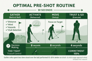 Step-by-step pre-shot routine breakdown showing the GAME plan method with optimal timing for each phase, totaling 30 seconds from decision-making behind the ball to execution at address position.
