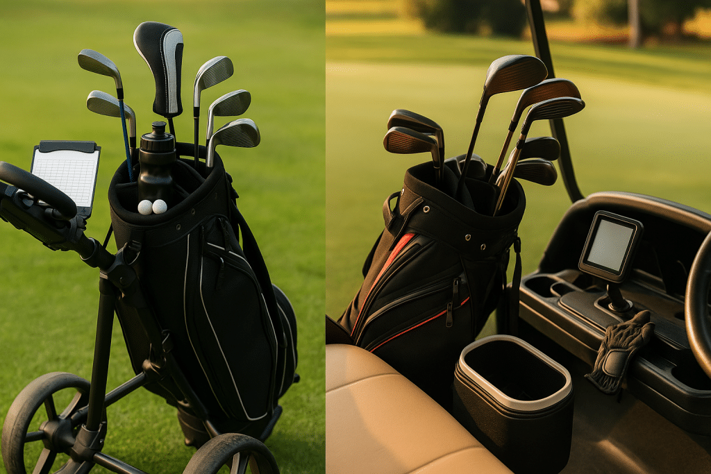 Professional golf equipment organization comparison between push cart setup and golf cart interior organization