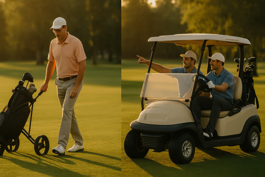 Golfer walking with push cart studying shot versus golfers in cart enjoying social aspect of the game on sunny golf course