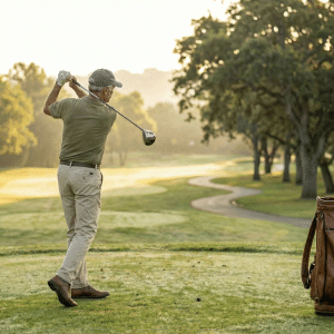 Senior golfer hitting a driver from the tee box with the golf ball curving slightly to the right, demonstrating a common slice in senior golf.