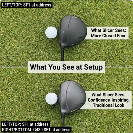 Golfer's perspective comparing SF1 Driver and Ping G430 SFT at address position, showing face angle differences and confidence factors for players who struggle with slicing