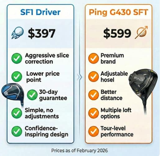 Price comparison graphic showing SF1 Driver at $397 versus Ping G430 SFT at $599, with value factors listed for each anti-slice driver option