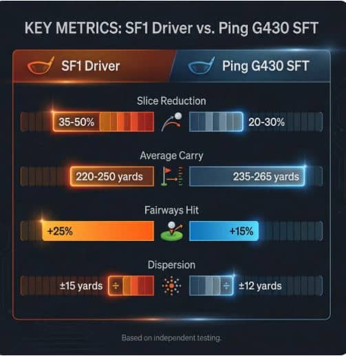 Data chart comparing slice reduction percentages between SF1 Driver (35-50% reduction) and Ping G430 SFT (20-30% reduction) based on independent testing with golfers who slice
