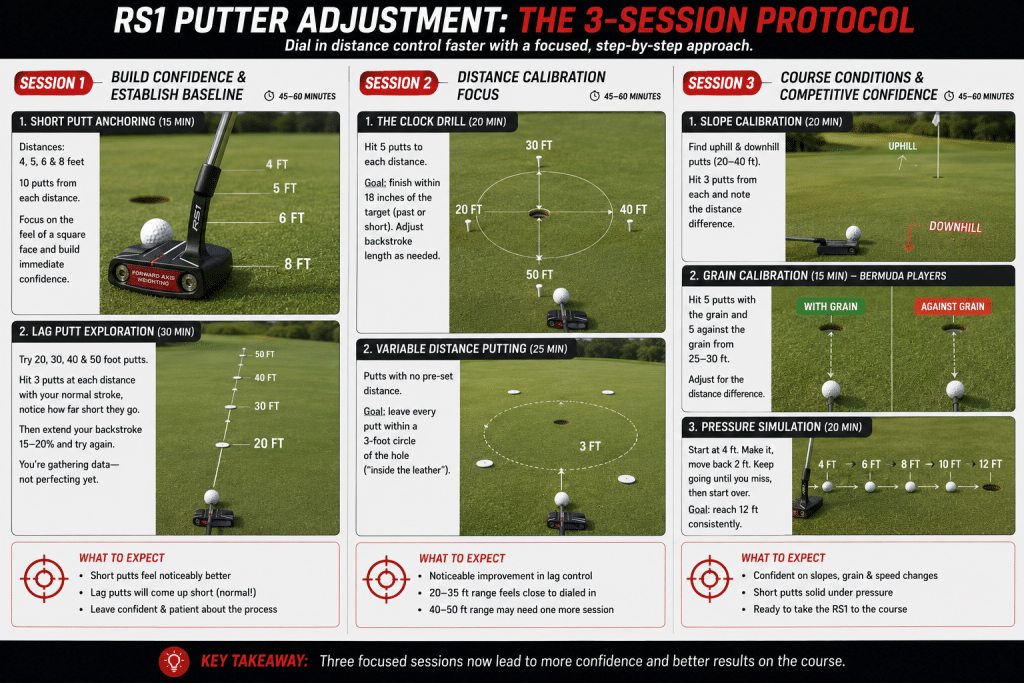 Infographic outlining a three-session RS1 putter adjustment plan, including short-putt practice, lag-putt distance calibration, slope and grain drills, and pressure practice to improve distance control and build confidence on the green.