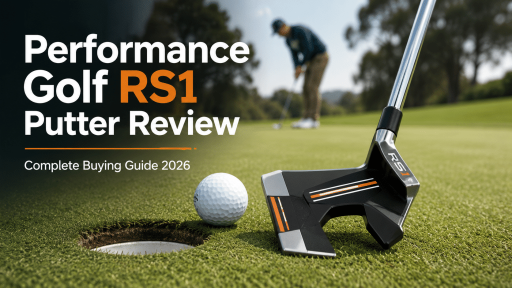 Featured image for a Performance Golf RS1 putter review, showing a close-up of the RS1 putter beside a golf ball and hole on the green, with a golfer putting in the background and text reading “Performance Golf RS1 Putter Review – Complete Buying Guide 2026.”